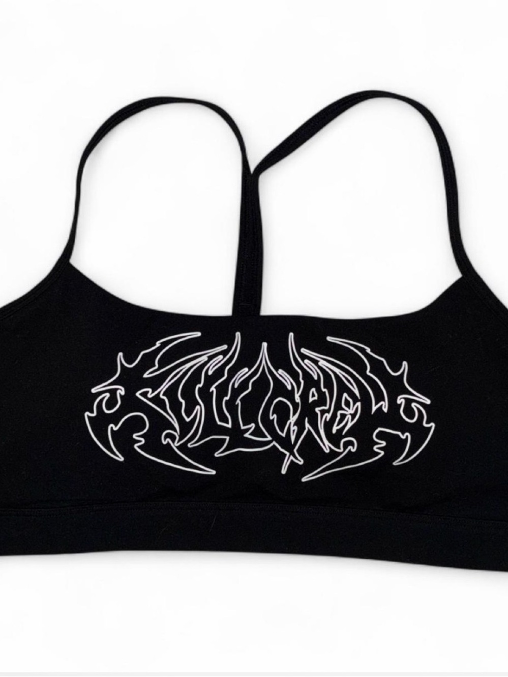 Black Graphic Strappy Crop Top with White Tribal Logo